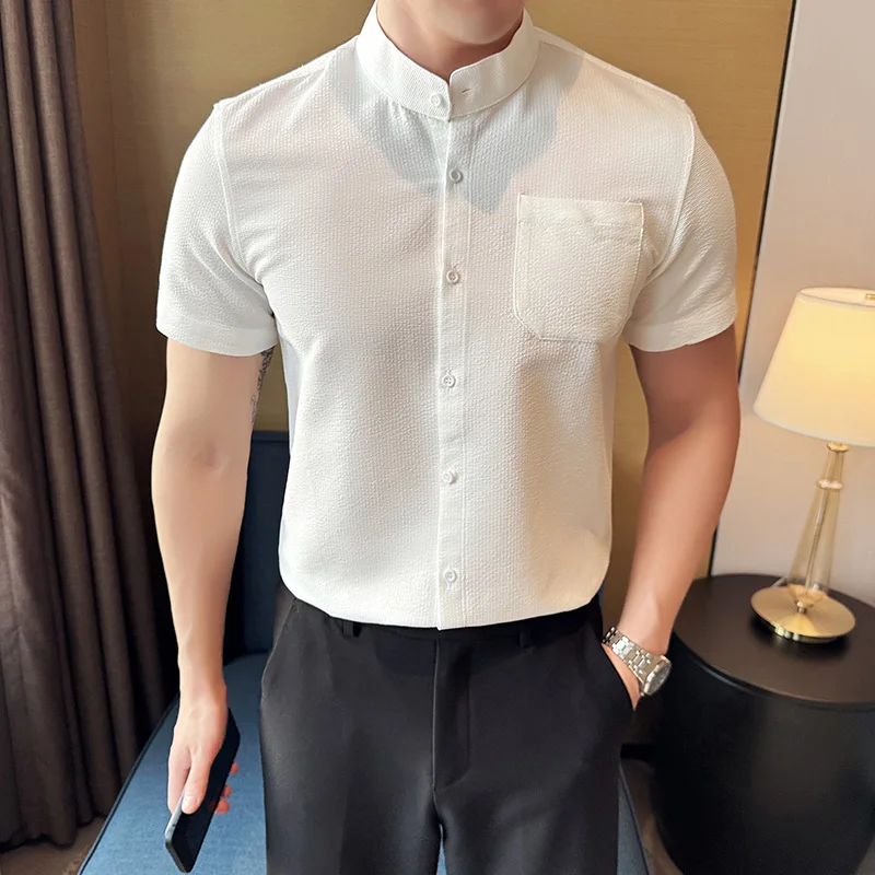 

Retro Stand Collar Short-Sleeve Shirts for Men Chest Pocket Solid Color Slim Fit Mens Dress Shirt Fashion Business Men's Clothes