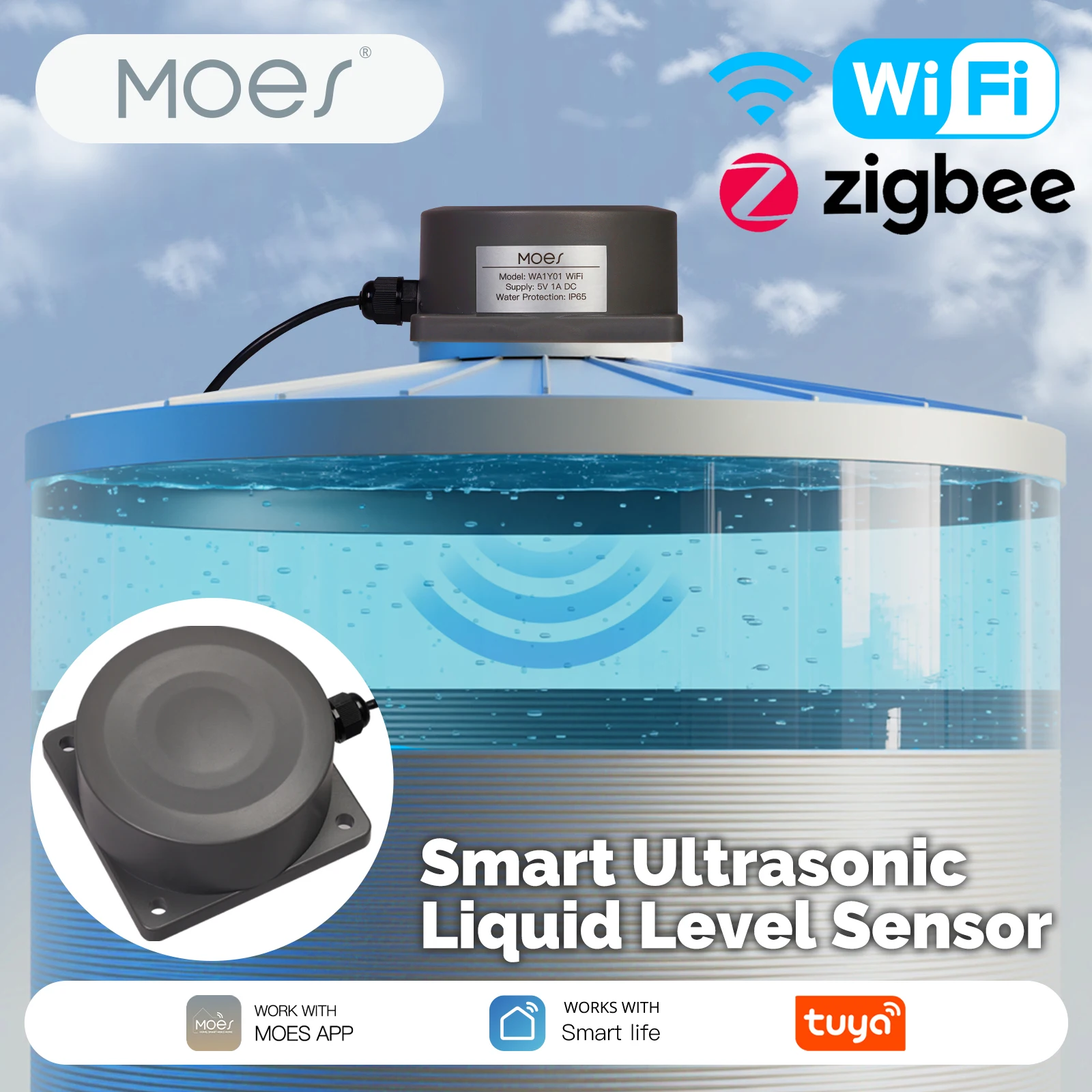 

MOES Tuya WiFi/ZigBee Water Level Detector, Ultrasonic Smart Tank Monitor with Real-Time Alerts & APP Remote Control