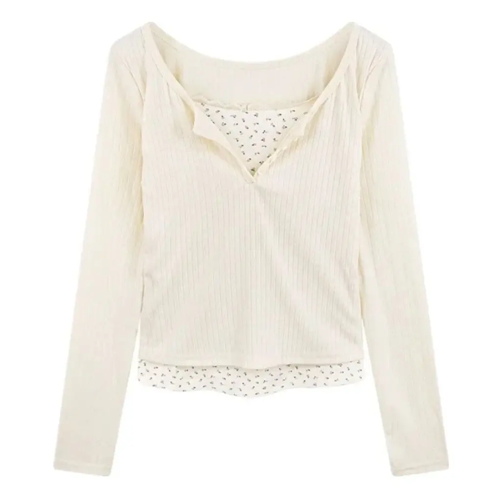 

Женская облегающая футболка с длинным рукавом с цветочным принтом, весна-осень, пикантная красота, американский шикарный топ из двух предметов Pure Desire