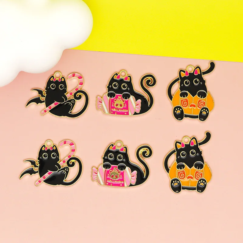 10PCS Devil Black Cat Elf DIY Accessories Candy Halloween Alloy Drip Oil Necklace Pendant Bag Keychain