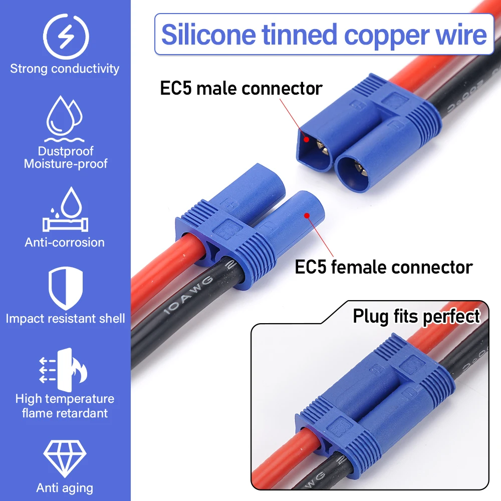 10AWG EC5 Kabel Daya Awal Pria/Wanita 10Cm Kawat Tembaga Kaleng Silikon Model Kawat Sambungan Pesawat Arus Tinggi