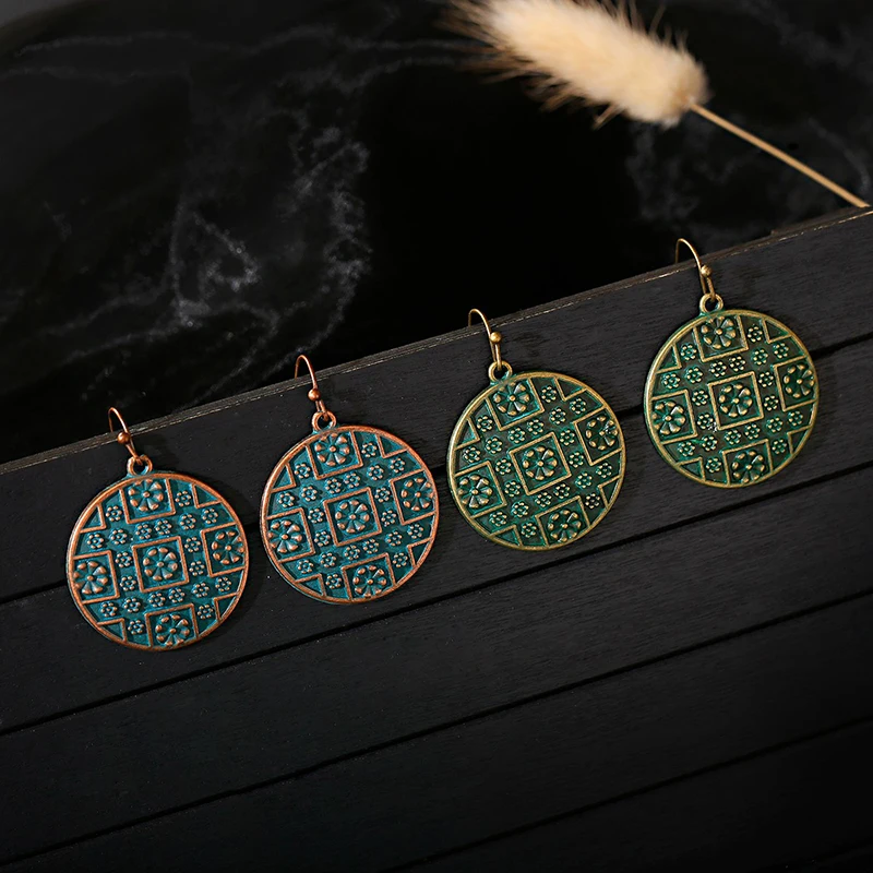 Vintage Turquoises Bird Drop Earrings Female Hollow Flower Ethnic Round Suspension Hanging Earrings Boho Jewelry Accessories