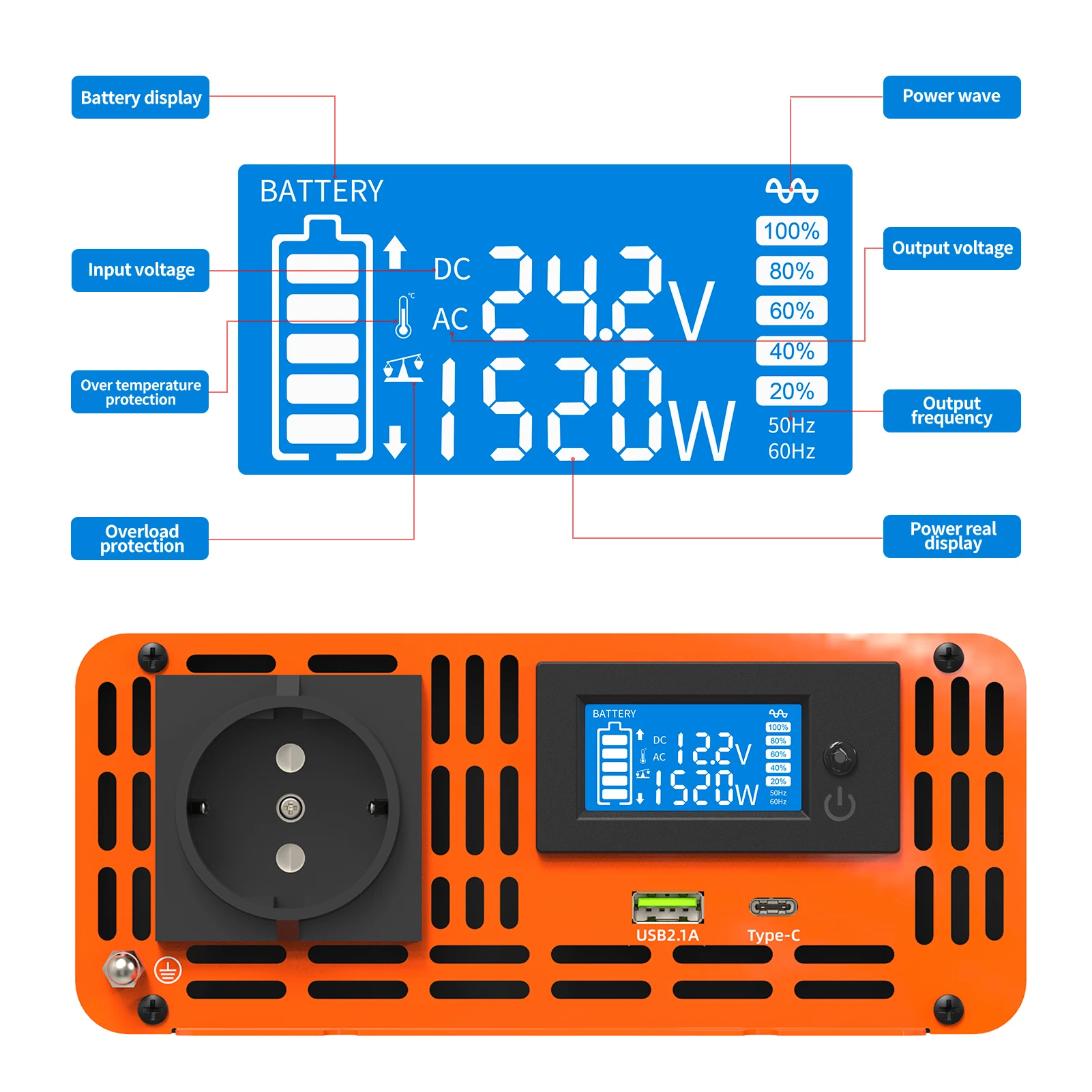 DATOUBoss-convertidor inversor de corriente continua a alterna, fuente de alimentación con enchufe europeo, 12v, 220v, 24V, 50HZ, 1500W