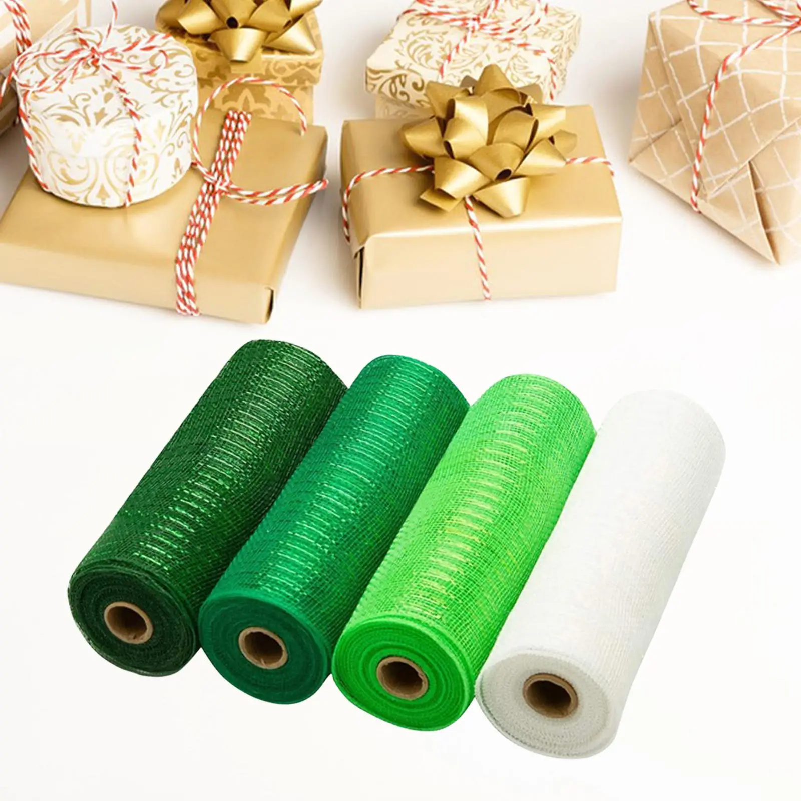 

4Pieces Decor Mesh Ribbon, 10 inch x 30 feet Each Roll, Metal Foil Ribbons Set for Wreaths, Swags and Decorating