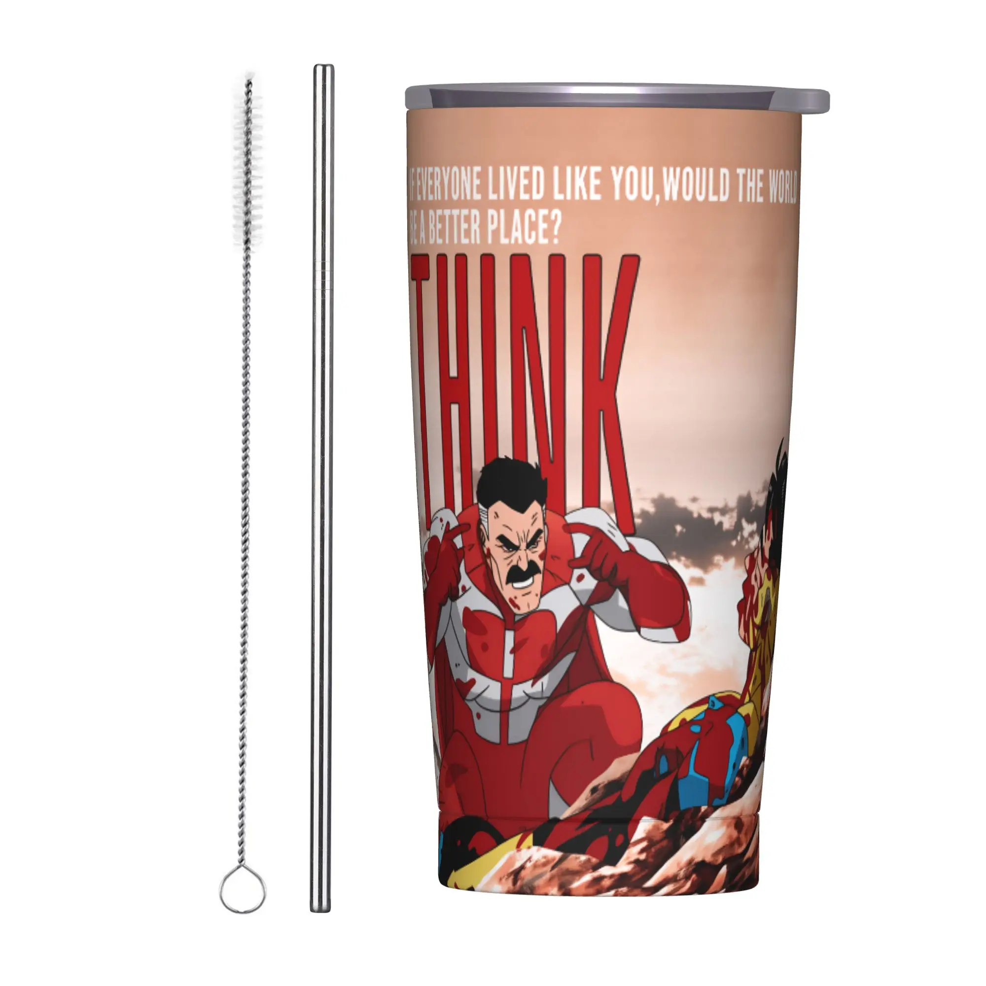 Comic I-Invincible Hero Stainless Steel Tumbler With Straws  Camping Thermal Mug 20oz Hot Drinks Car Mugs,