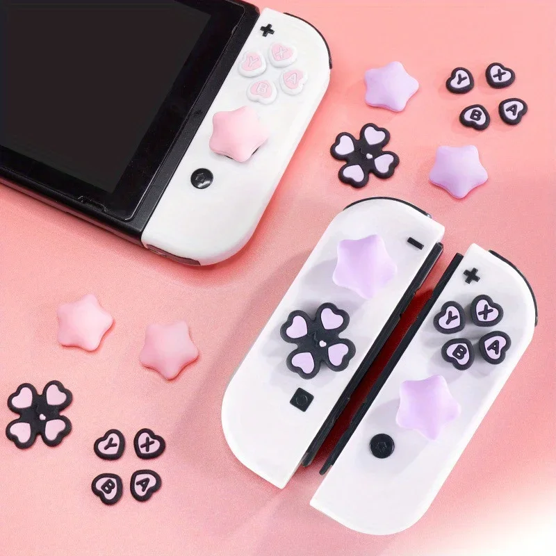 Rosa amor silicone macio d-pad botão cruz abxy chave adesivo para nintendo switch & switch oled/lite joycon polegar vara grip cap