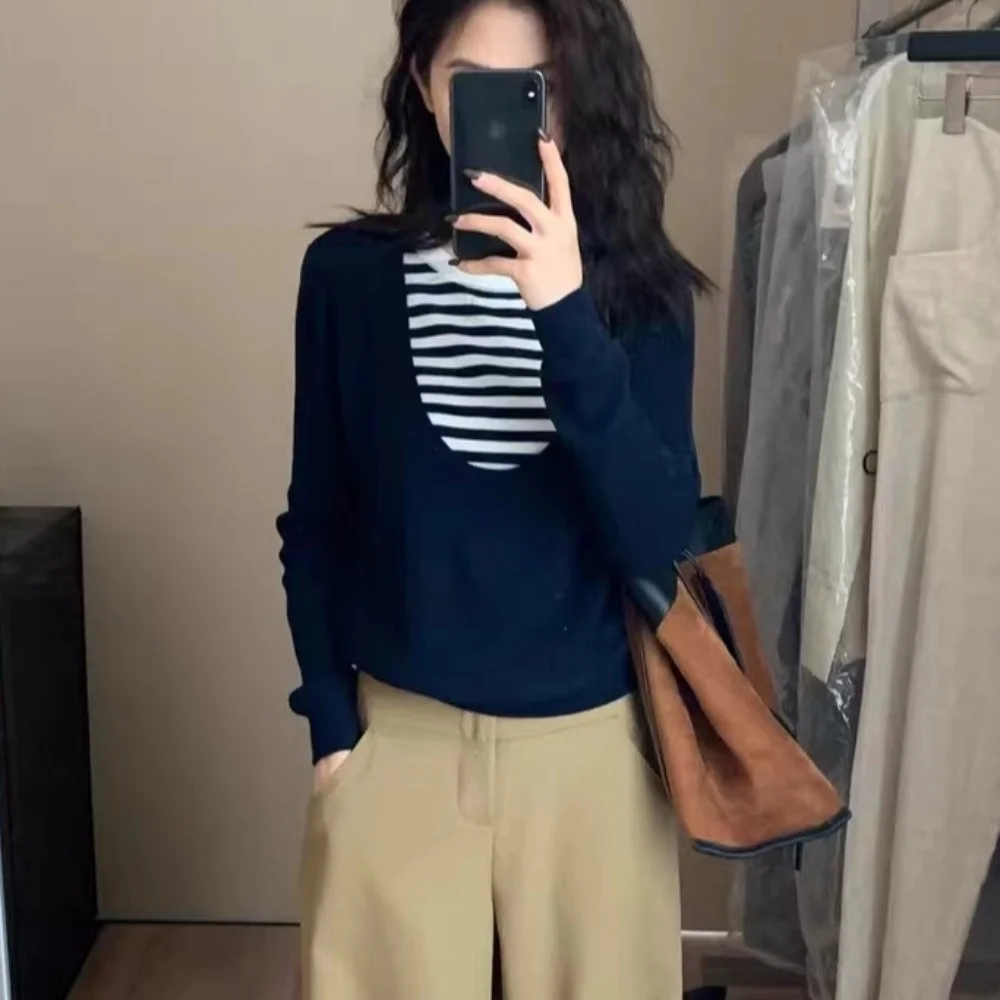 Женский вязаный свитер Long Sve, осень-зима, новый корейский дизайн, INS, полосатый топ из двух предметов