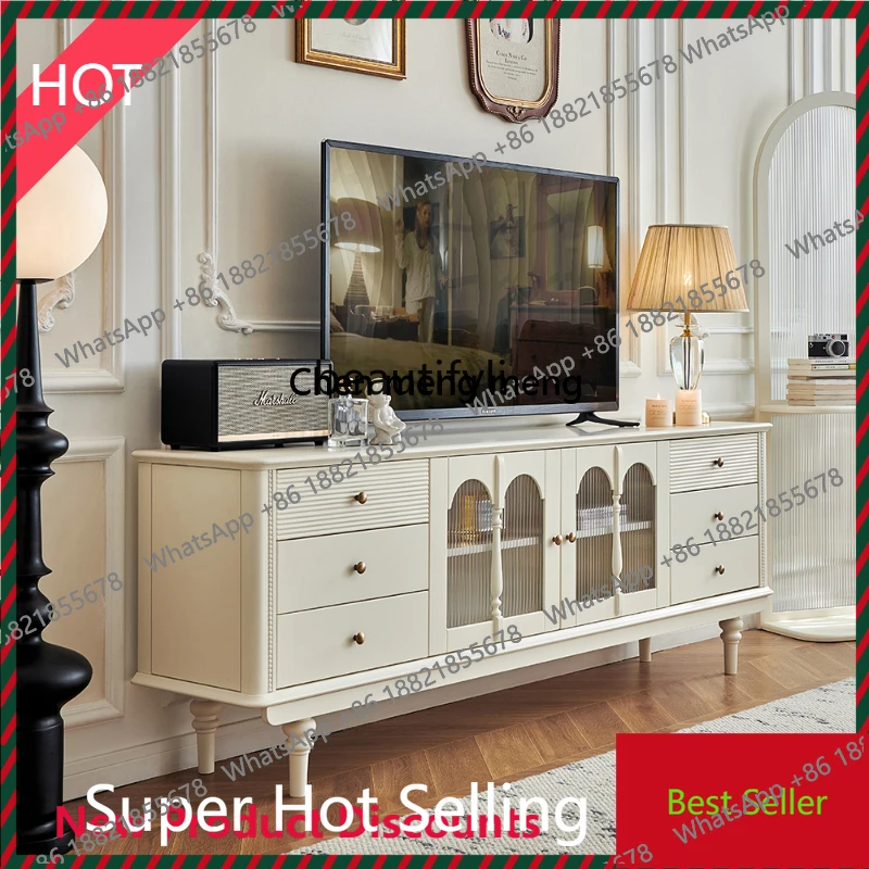 French Cream Style Solid Wood TV Cabinet White Full Log Living Room Home High Floor Type TV Stand