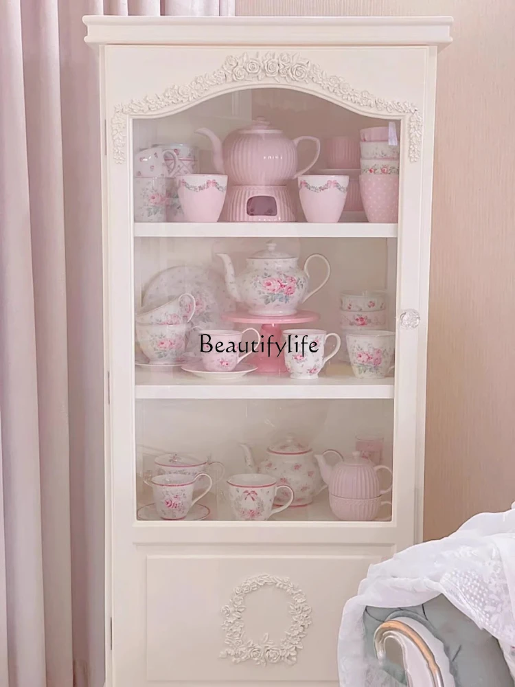 French Engraved Dining Side Cabinet Cream Style Display Perfume Cabinet Princess Style Bookcase Solid Wood Retro