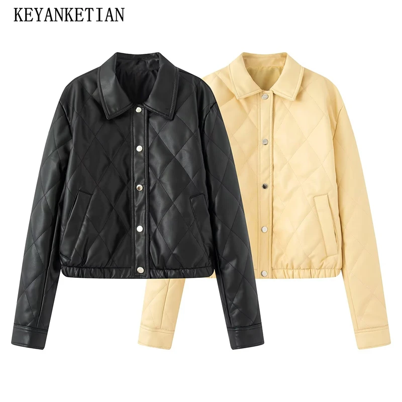 KEYANKETIAN Modern Temperament Quilted Diamond Patterned Single Breasted Short Lapel PU Cotton Jacket For Women