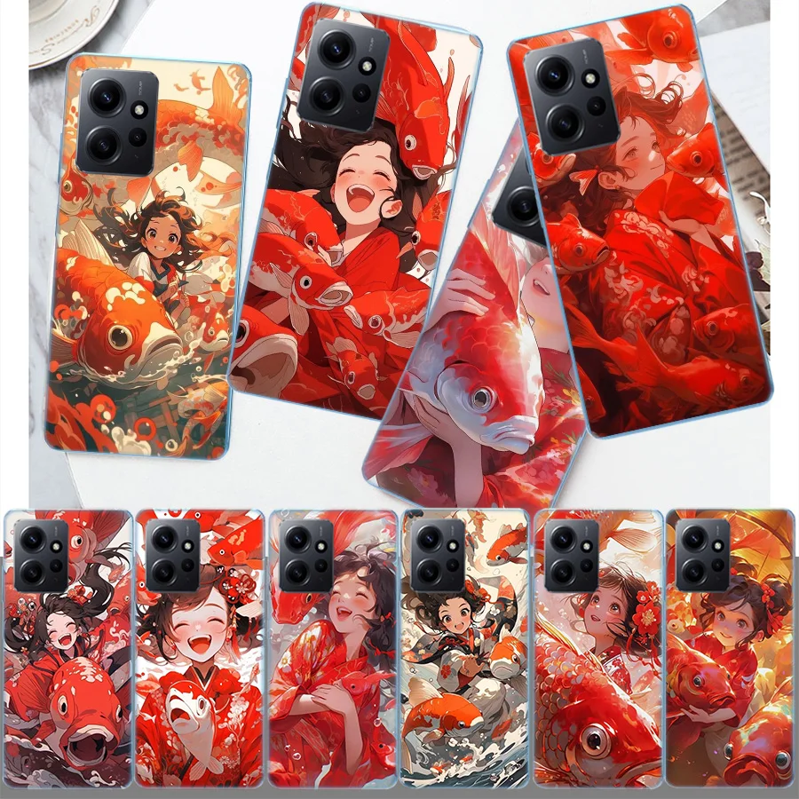 Red Lucky Koi Fish Girl Cover Case For Xiaomi Redmi Note 12S 12 11 Pro Plus 11T 11S 10 5G 10S 9 9T 9S 8 8T 7 5A Pro TPU Phone Cl