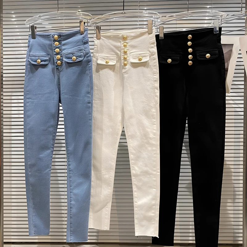 

2025 женские эластичные джинсы с высокой талией и карандашом, новые осенние брюки для похудения с двойным карманом и металлической пряжкой
