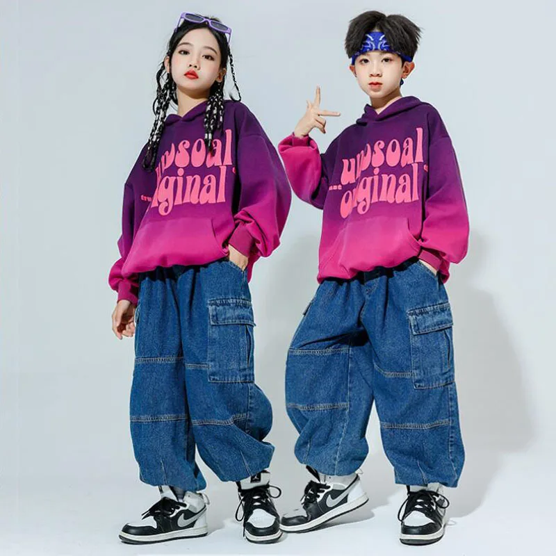 Kids Hiphop Kleding Sweatshirt Hoodie Denim Jogger Streetwear Broek Voor Meisje Jongen Jazz Dans Kostuum Kleding Set