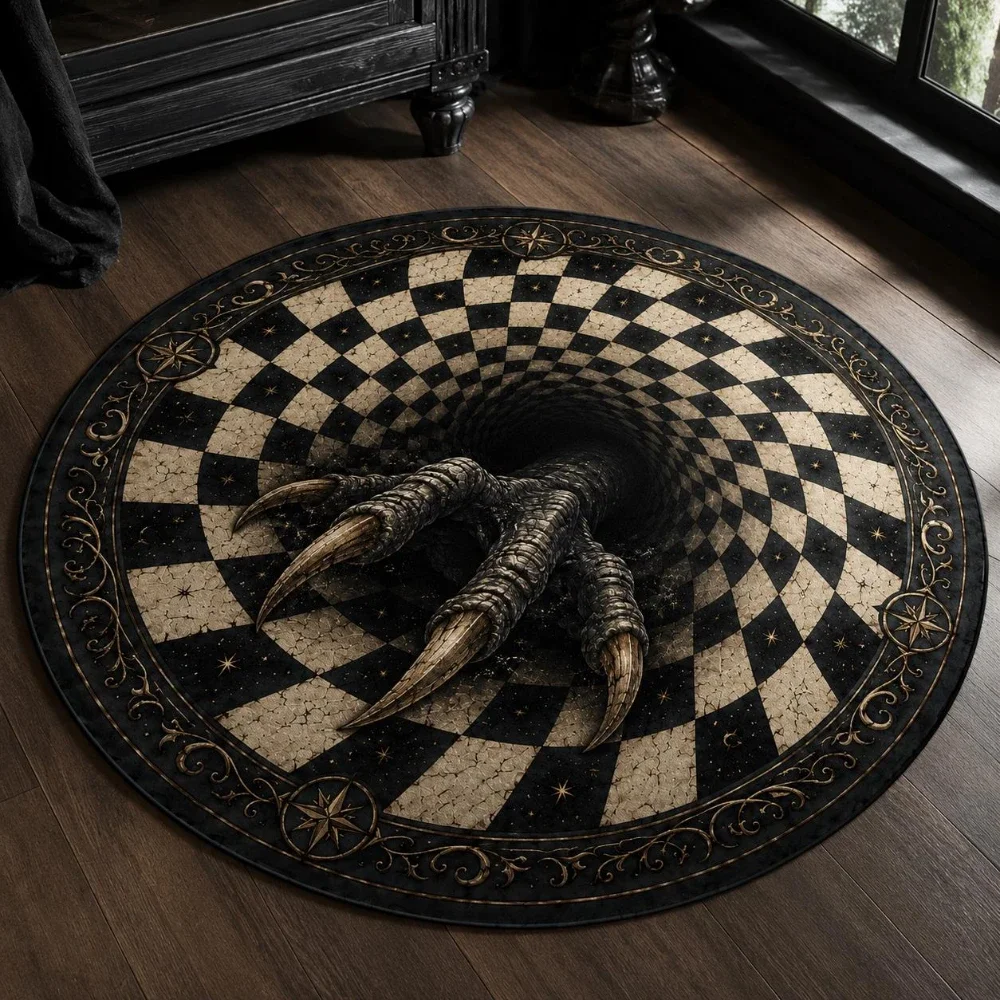 1pc Gothic Mystical Monster Claw Entryway Circle Rug Checkerboard Vortex Round Rug Spooky Living Room Bedroom Mystical Floor Mat
