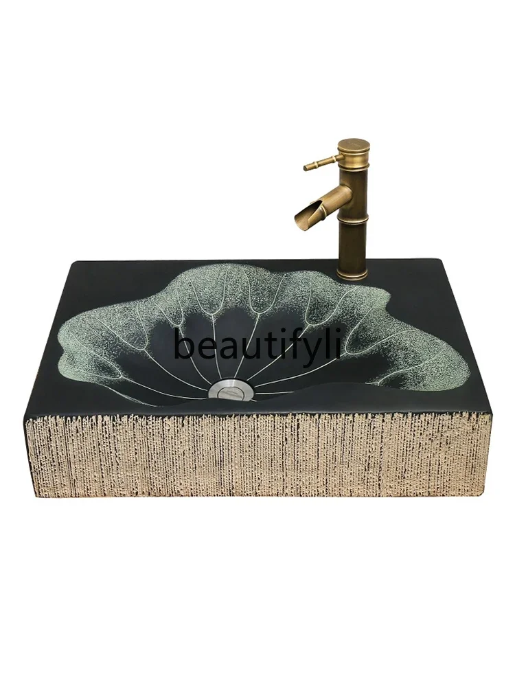 

New Creative new Chinese antique wash basin bathroom household table basin retro square lotus wash single basin s03