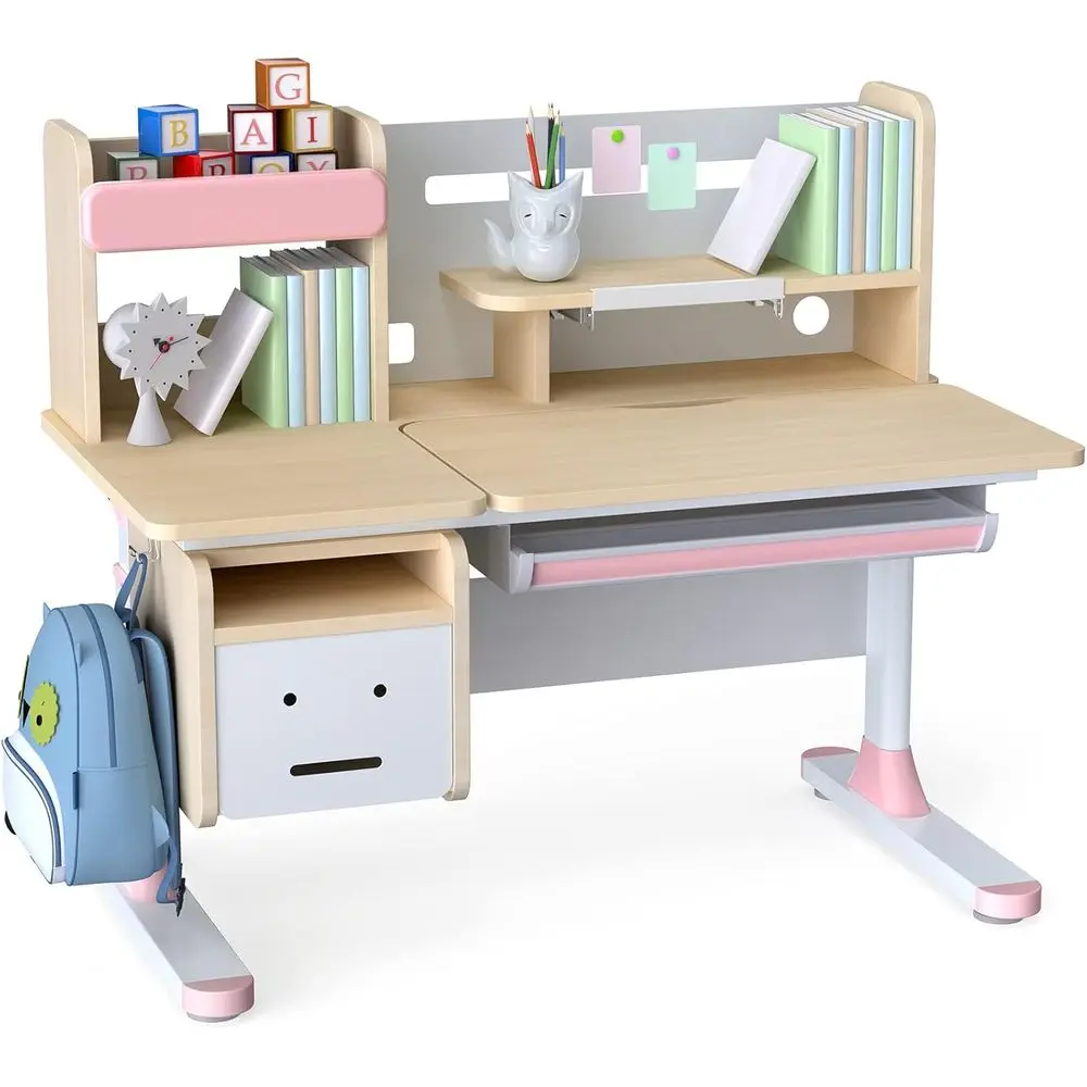 

Pink Adjustable Height Kids Desk with Built-in Bookshelf and Hutch for Study and Computer Use