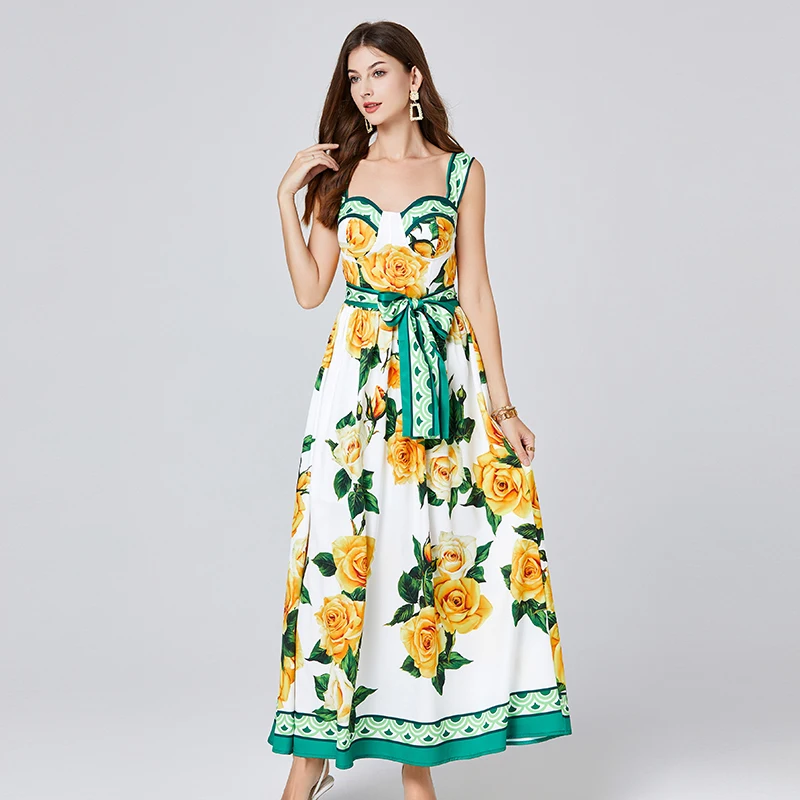 Runway Designer Holiday Print Dresses For Women Straps Sundress Belt Floral Pleated Long Maxi Beach Wear Prom Vestidos