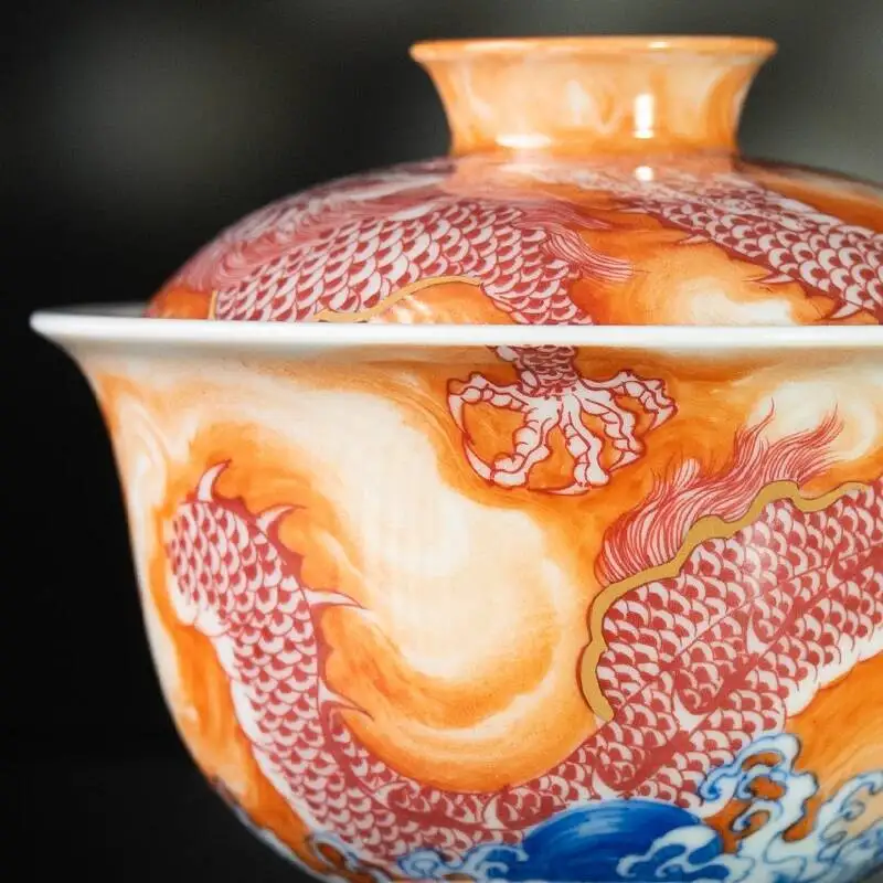 Sacred Mountain X Alum Red Underglaze Dragon Playing With Pearl Jingdezhen Hand-Painted Ceramic Tea Set Gaiwan