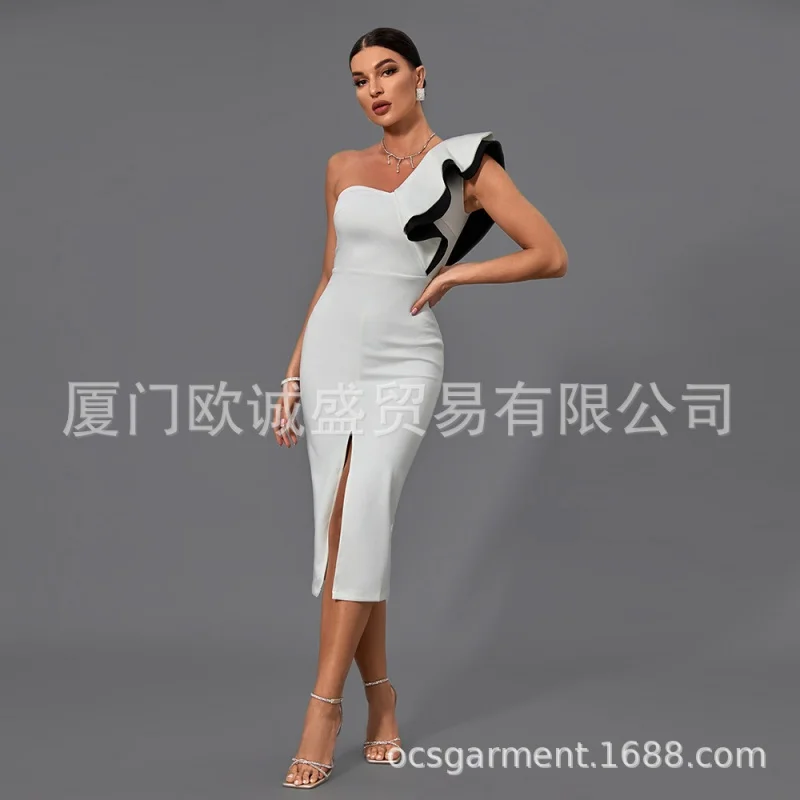 Cross-Border New Arrival Color Matching Ruffled One-Shoulder Wrapped Chest Front Slit Midi Dress Evening Party Dress