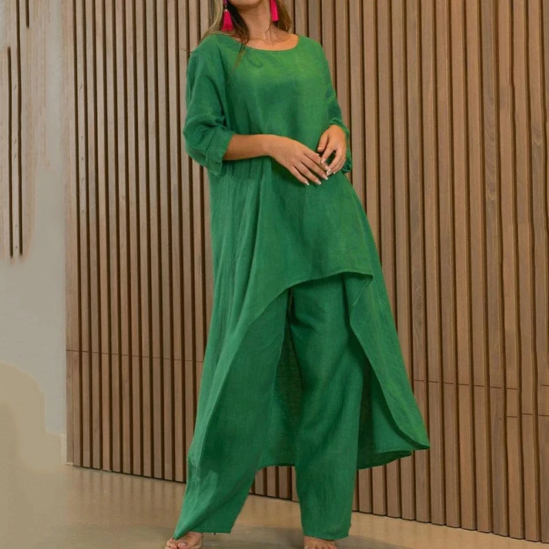 2023 Women Spring Summer O-neck Long Sleeve Irregular Solid Top And Wide Leg Trousers Two Piece Sets Fashion Elegant Female Suit