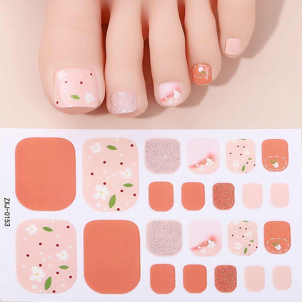 22Tips Baking Free Toe Nail Sticker Spring Summer Glitter Flowers Full Cover Toenail Polish Strips Adhesive DIY Foot Decals