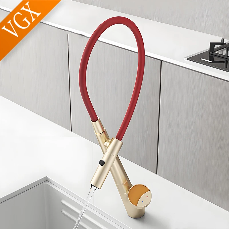 VGX Gold Kitchen Faucet Sink Faucets Rubber Pull Down Stream Sprayer Taps Rotatable Kitchen Mixer Water Tap Hot Cold Crane Brass