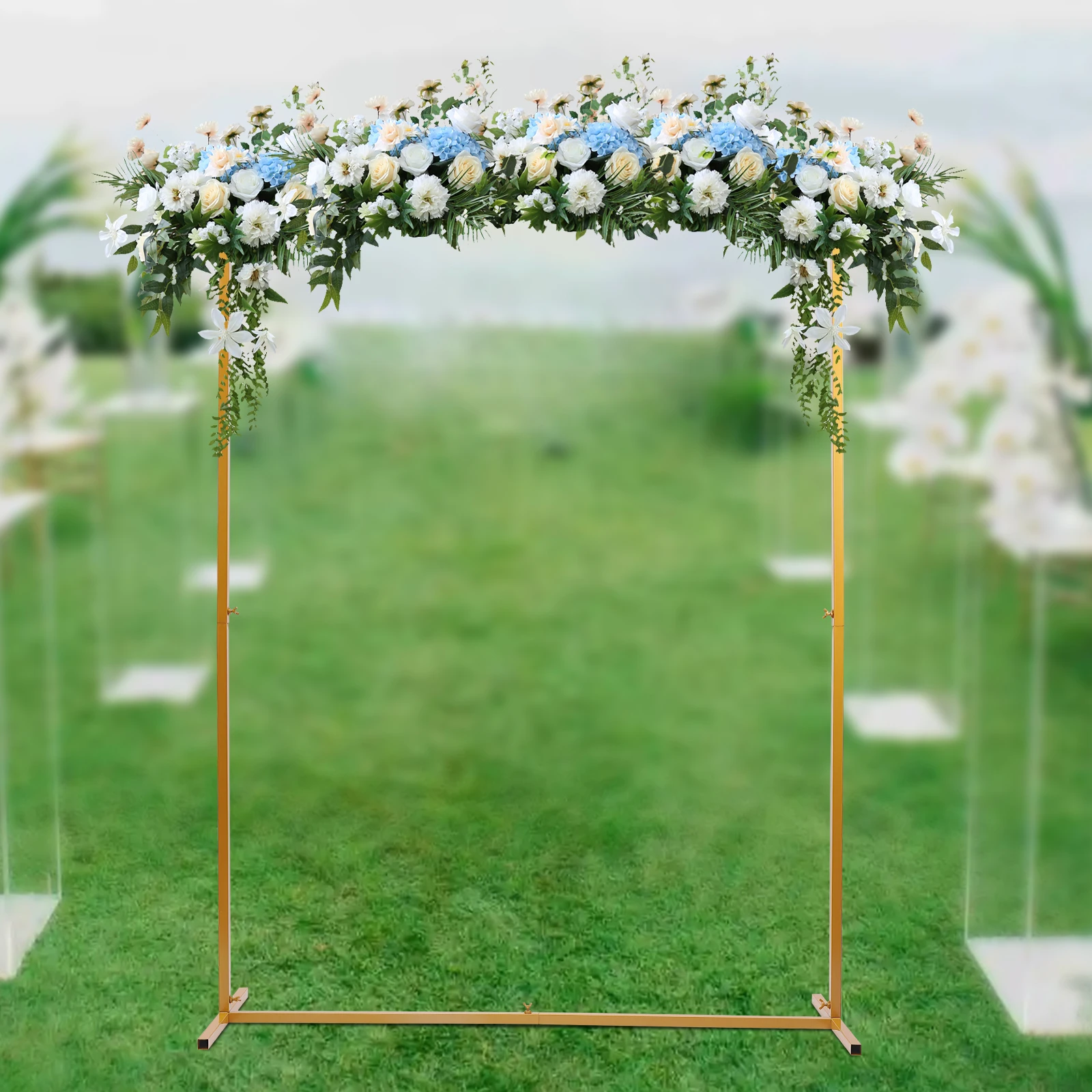 2*1.5M Wedding Arch Stand with Base Metal Square Garden Backdrop Frame Flower Balloon Decor Rack Gold for Birthday Party Event