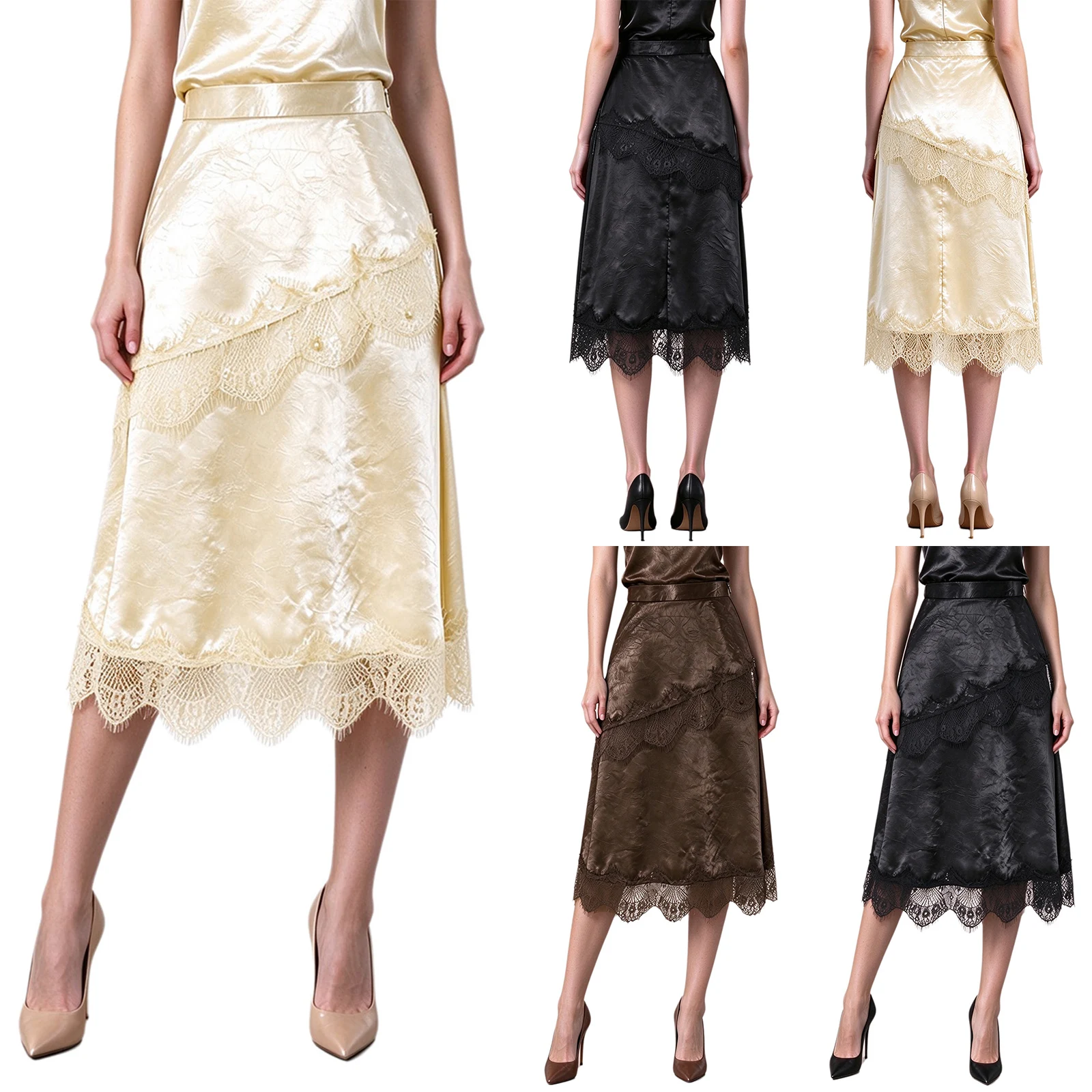 Women Elegant Lace Trim Satin Skirt Glossy Casual Zipper Back Split Skirts for Daily Life Cocktail Party Office Work