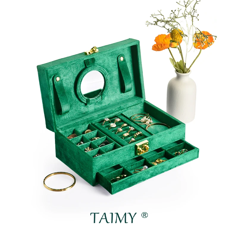 TAIMY Personalized Double Layer Design Velvet Jewelry Box Multifunctional Large Jewelry Case With Lock Free Custom Logo