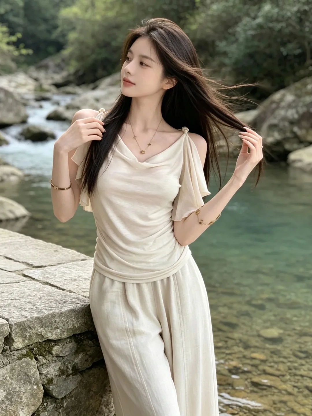 Summer Pure Desire Spicy Girl Design Sense Waist Cinching Shoulder Baring Top Beaded T-Shirt Women's Fashion Sleeveless Hollo...