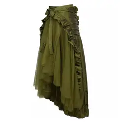 Women Halloween Skirt Irregular Ruffle Hem Pirate Cosplay Skirts Mesh Patchwork Steampunk Victorian Role Play Maxi Skirt