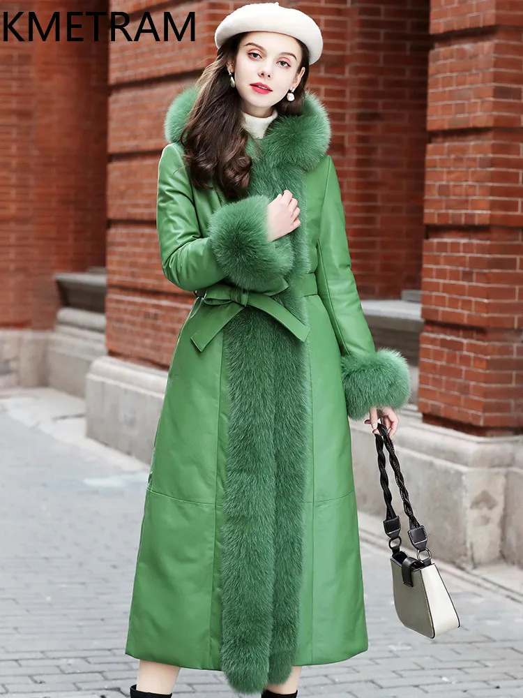 KMETRAM 100% جلد الغنم أسفل معاطف امرأة الأخضر جلد طبيعي سترة طويلة منفوخة مع غطاء محرك السيارة الثعلب الفراء طوق 2025 الملابس الشتوية #3