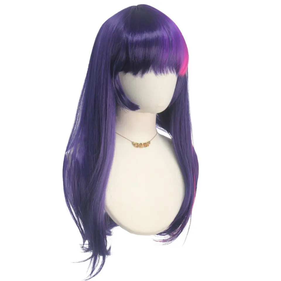 Peluca sintética de cabello lacio largo con flequillo prolijo, rosa y púrpura, fibra química, Twilight Sparkle, juego de roles, figura de pony animada 6