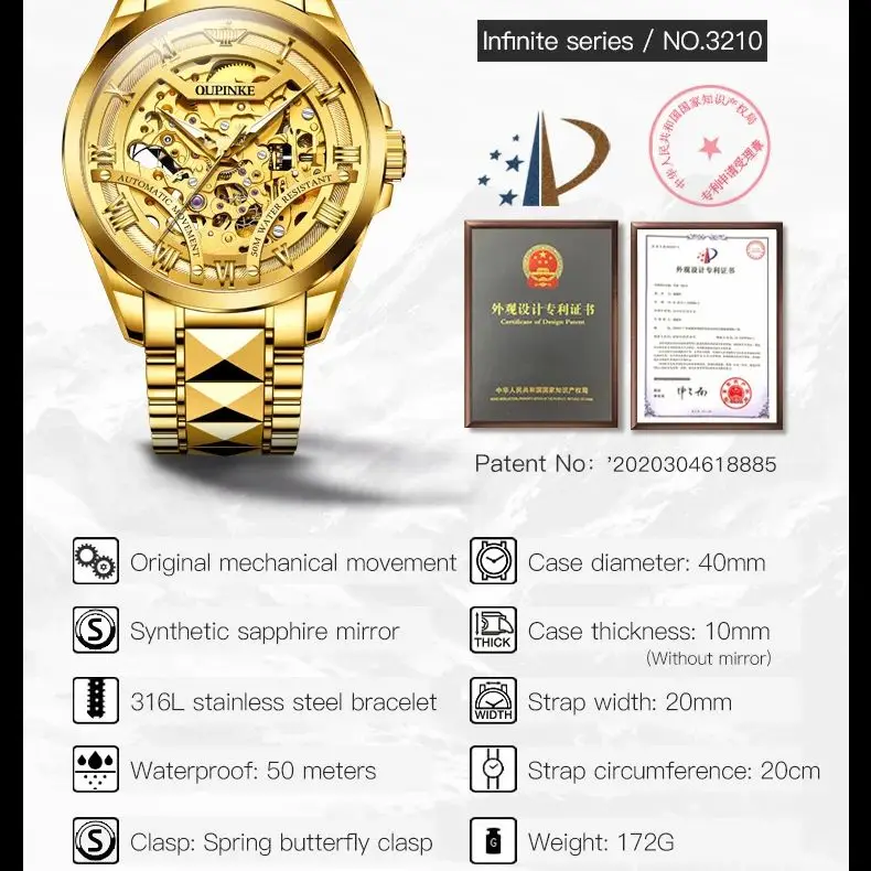 Imagem -05 - Oupinke-relógio Masculino de Aço Tungstênio Dourado Relógio Mecânico Automático Moda Clássica Marca Top Original Luxo 3210