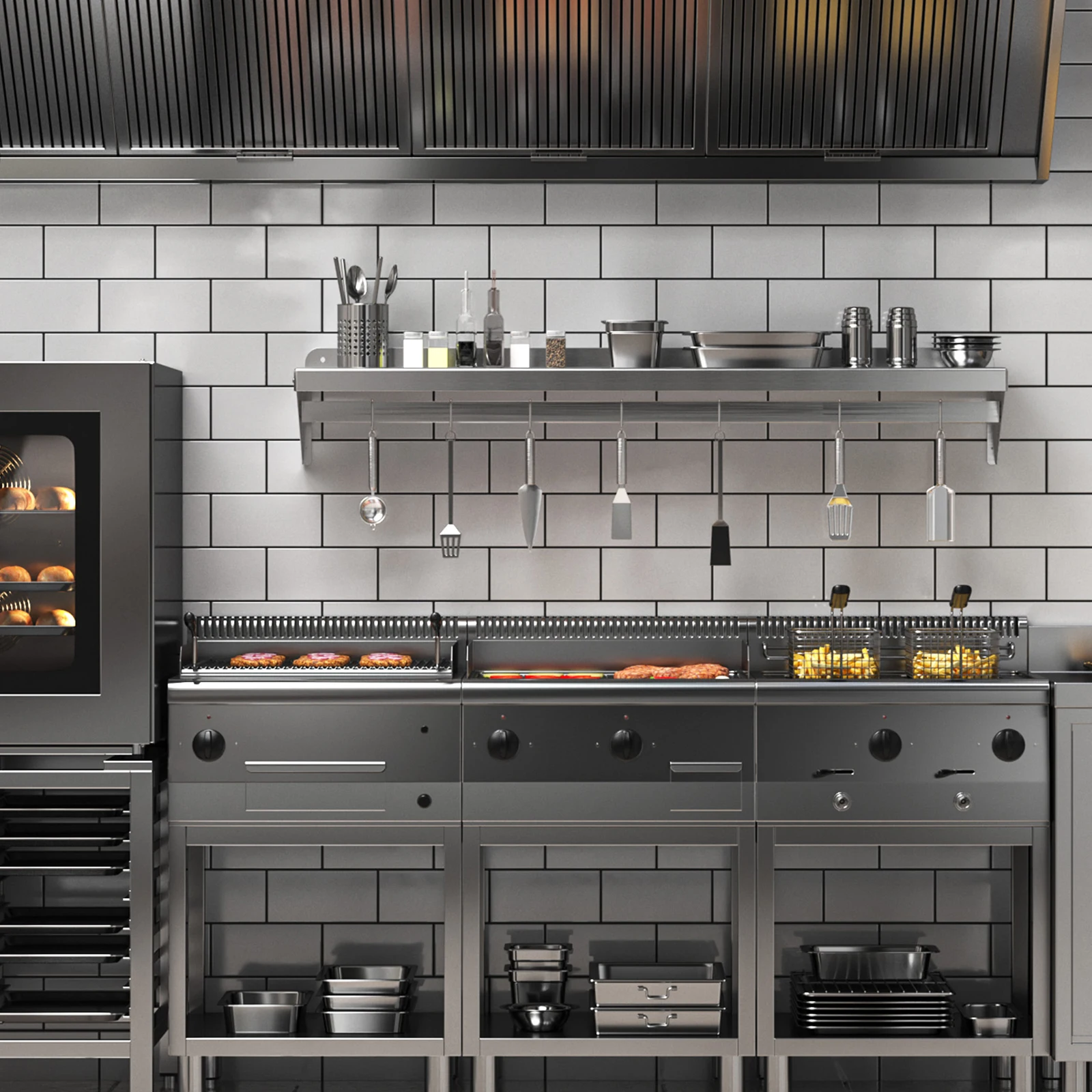 

12"x60" Stainless Steel Shelf, Multifunctional Metal Wall Mounted Shelf, With 2 Stainless Steel Backsplashs And 7 Hooks