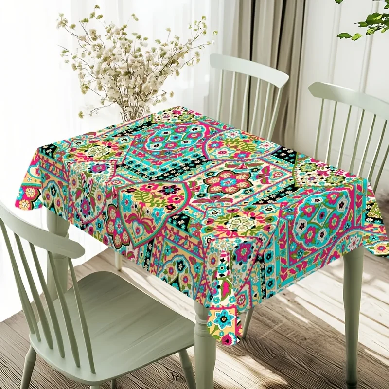 2D Printed 59X59in/150X150cm Bohemian Floral Print Tablecloth - Vibrant Multicolor Retro Design, Durable Polyester Square Table Cover for Indoor/Outdoor Use, Kitchen Dining, Weddings, Parties, Camping & Picnics, Festive Table Setting, Colorful Table