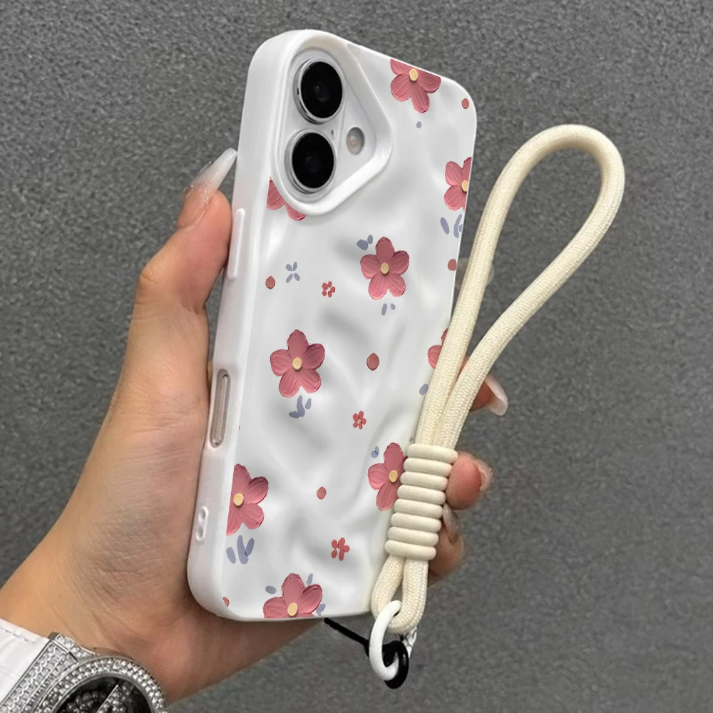 Coquet Blumenmuster Falten-Silikon-Handyhülle für iPhone 17 15 13 11 12 14 16 17 Pro Max 14 Plus 17Air mit Lanyard-Abdeckung – Detail 6