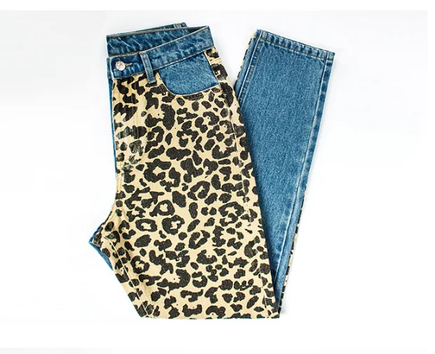 Women's Jeans High Street Leopard Print Color Blocked Jeans Fashion Leopard Denim Pants Straight Leg Pants