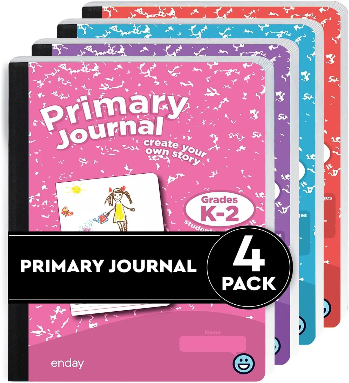 

Primary Journal K-2 (4 Pack) Assorted Colors, Half Page Ruled, 100 Sheets - Blue, Purple, Pink, Red
