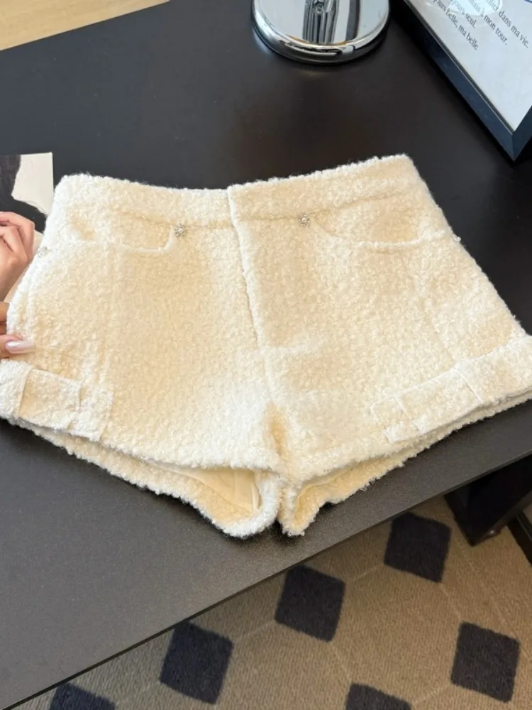 White Lamb Fur Wide Leg ort Pants Women's Casual Bootcut Pants High Waist A-Line Base Layer Hot Pants Winter Commute Sle