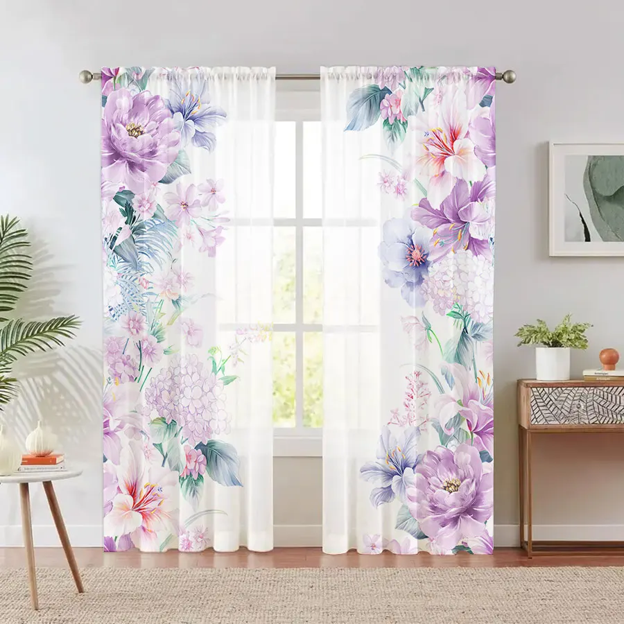 2PCS Digital Print Sheer Curtain, Purple Floral Sheer, Elegant Romantic Botanical - Voile Drapes for Bedroom Living Room Decor