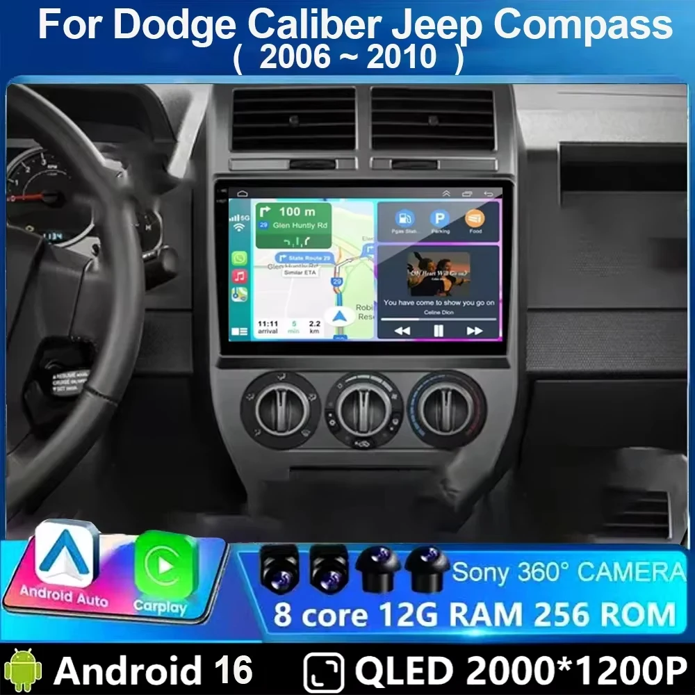 Android 16 For Dodge Caliber Jeep Compass 1 MK Patriot 2006 - 2010 Car Radio Multimedia Blu-ray QLED Navigation GPS No 2 Din