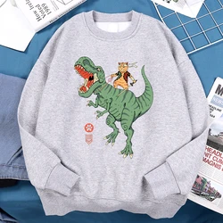 Japanese Harajuku Riding Dinosaur Cat Men Women Hoodie Fashion Fleece Hoodies Autumn Casual Clothing Fleece Oversized Streetwear