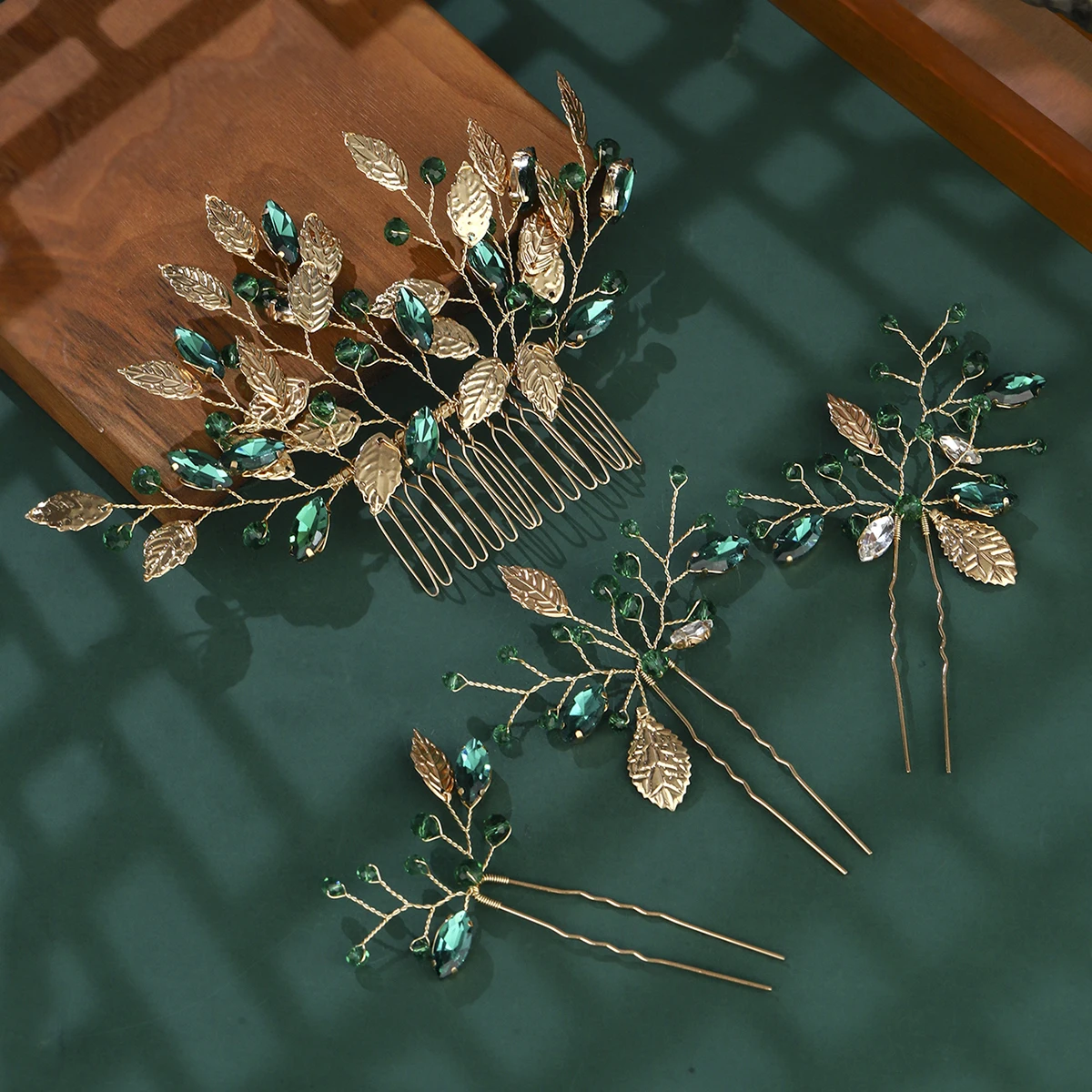 Fashion Green Crystal Sparkling Hair Comb Set Handmade Rhinestone Pearl Hairpin New Year Wedding Headwear Jewelry Accessories image 4