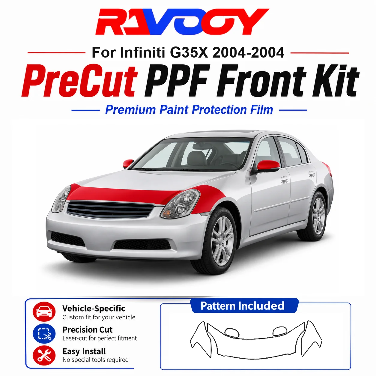 

8.5mil TPU Precut PPF Kit For Infiniti G35X 2004-2004 - Hood, Fenders & Mirror Set - Self-Healing Clear Bra Film