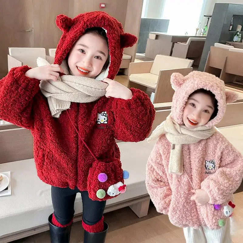 2024 New Sanrio Hello Kitty Girl Coat Kawaii Autumn Winter Thicken Keep Warm Hooded Cotton-Padded Jacket Cartoon Cute Girl Tops