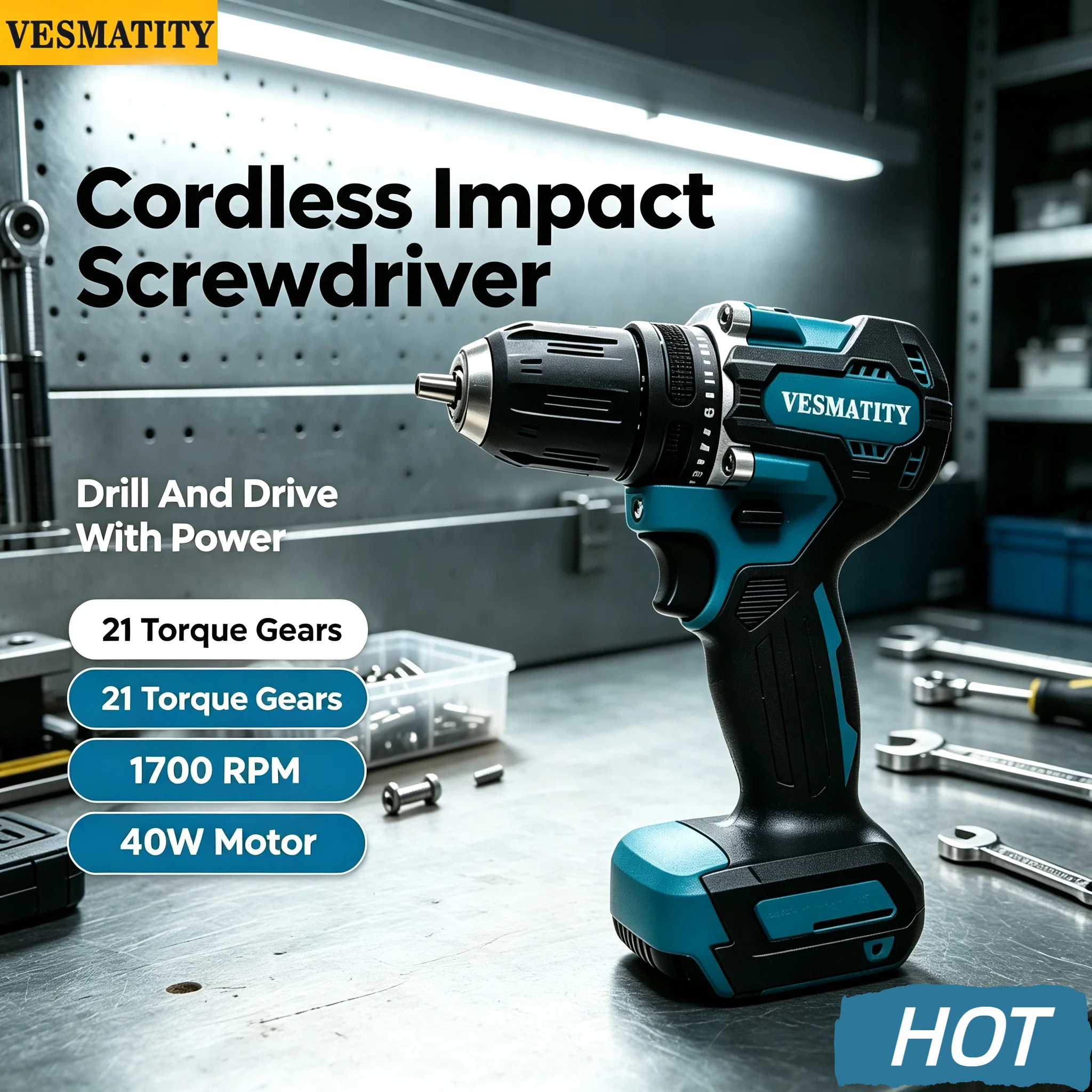 Vesmatity DDF487 Brushless Cordless Impact Drill Driver High Torque Electric Screwdriver Compact Household 18V Battery Tool Kit
