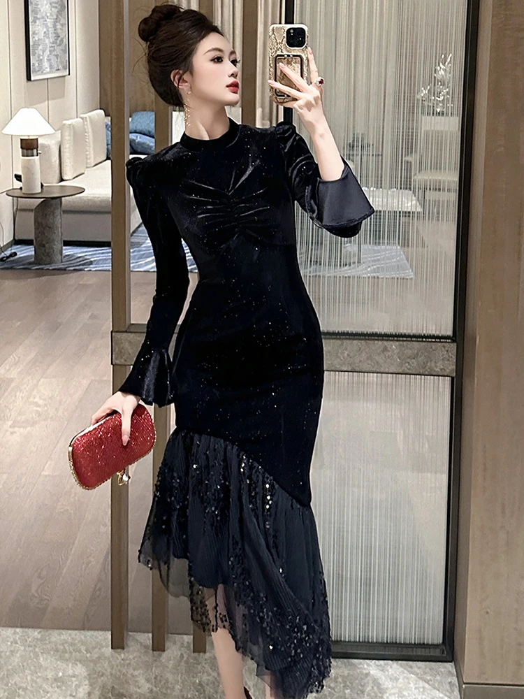 فستان حفلة موسيقية أنيق للمشاهير للنساء أنيق أسود لامع طيات بقماش شفاف وكشكشة ذيل السمكة رداء حفلة غير منتظم فيستدوس ربيعي #5