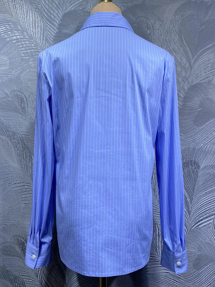 DLDENGHAN diamants simple boutonnage hauts pour femmes col rabattu manches longues rayé Prin haute rue chemise été femme