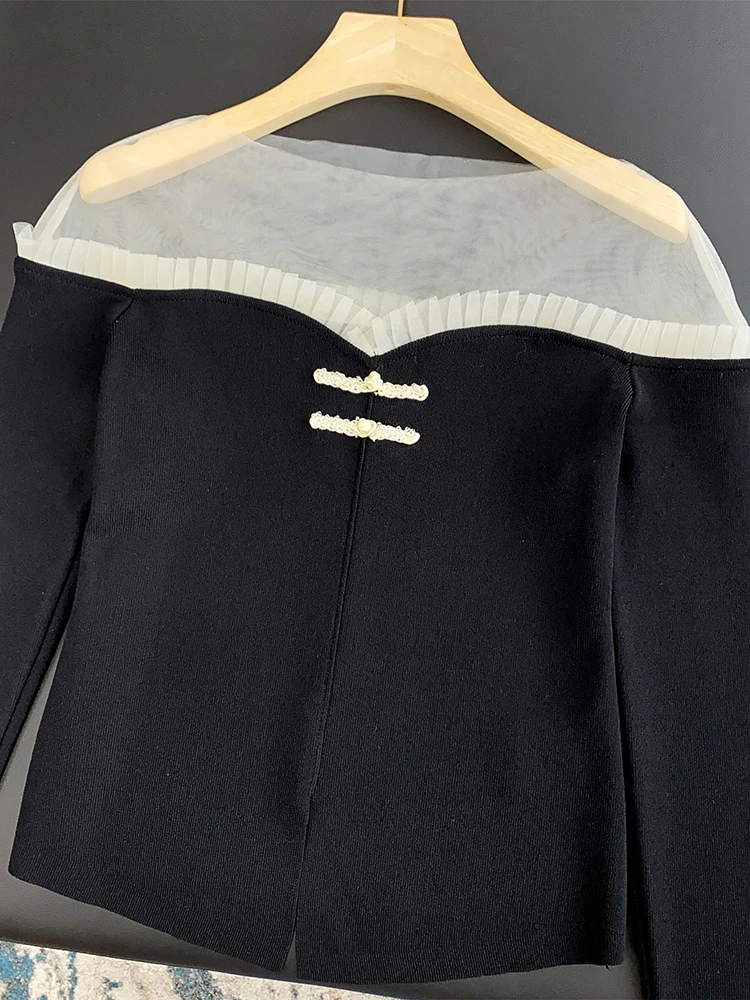 

Black Knitted Short Top One-Shoulder Splice Button-Up High-Rise Bone Illusory Fashion Commute Style Long Sleeve Regular Fit